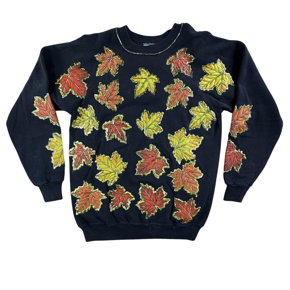 Vintage Fall Leaves Sweatshirt Mens Large Black Glitter Applique Made USA 90s